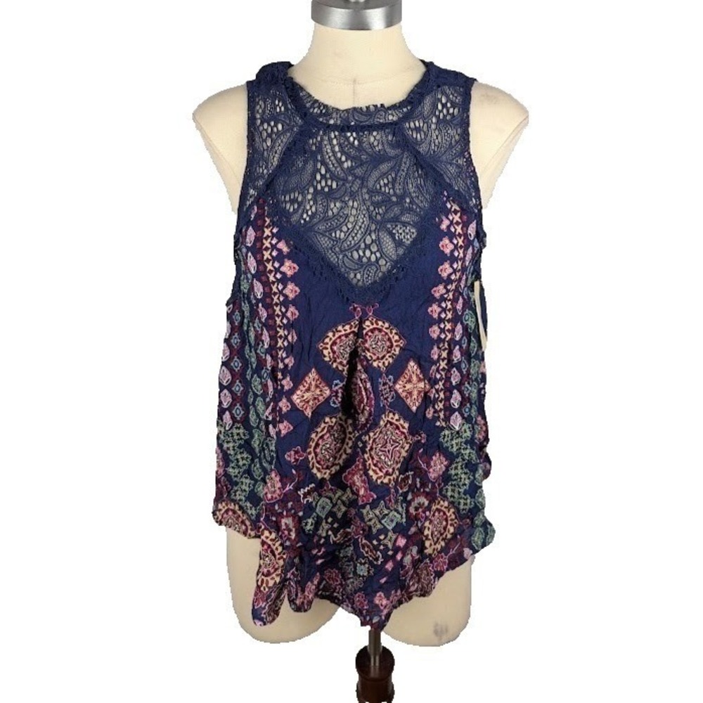American Rag Juniors' Lace-Trimmed Top Blue Size M Sleeveless Boho Paisley